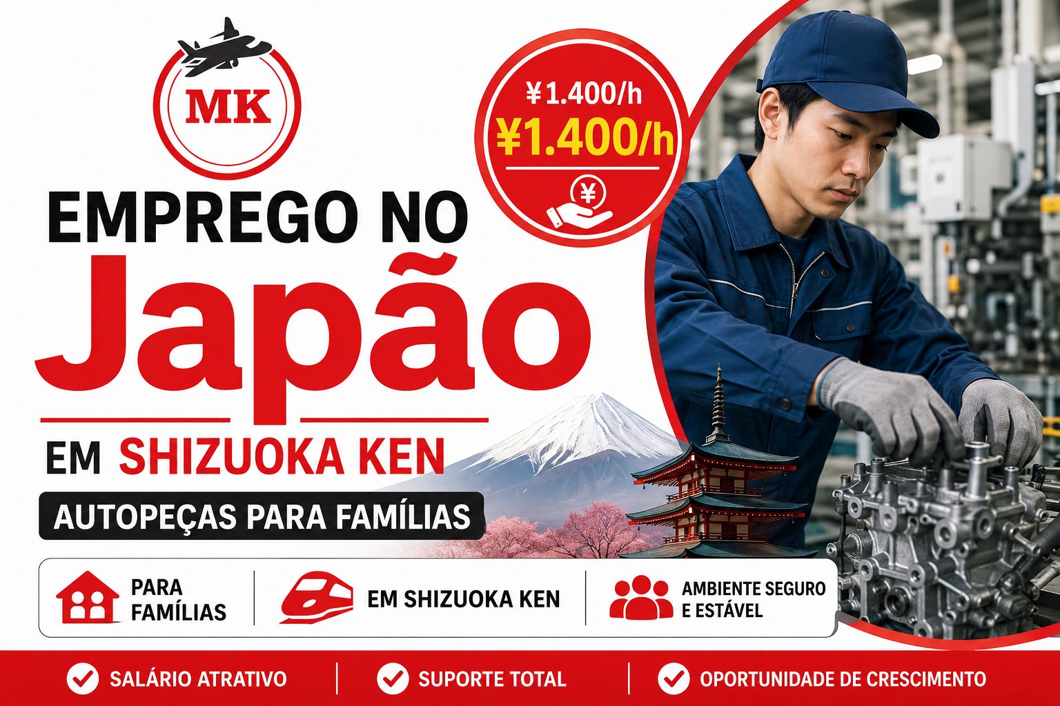Emprego no Japão em Shizuoka Ken Autopeças para Famílias ¥1.400/h