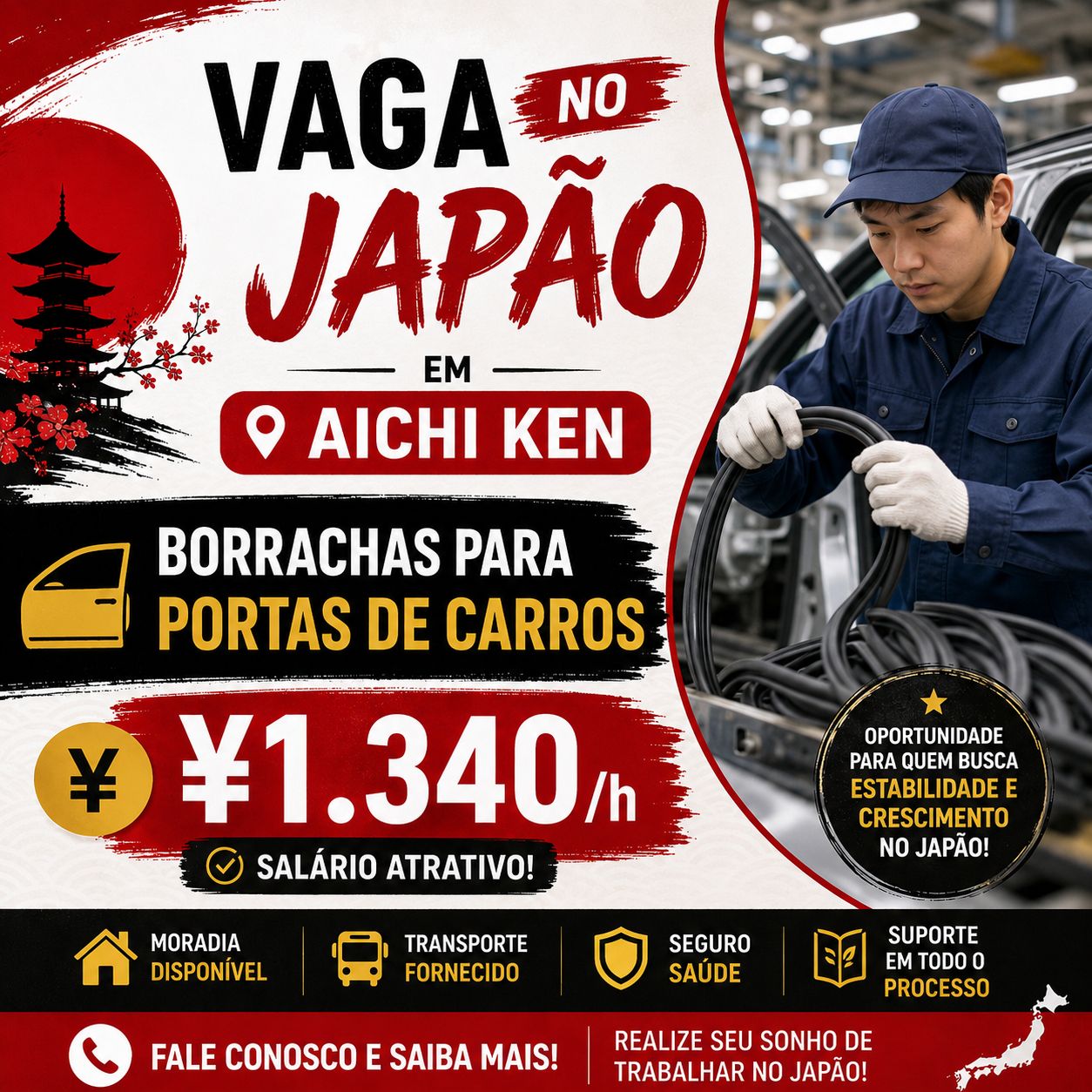 Vaga no Japão – Borrachas para Portas de Carros em Tsu ¥1.300/h