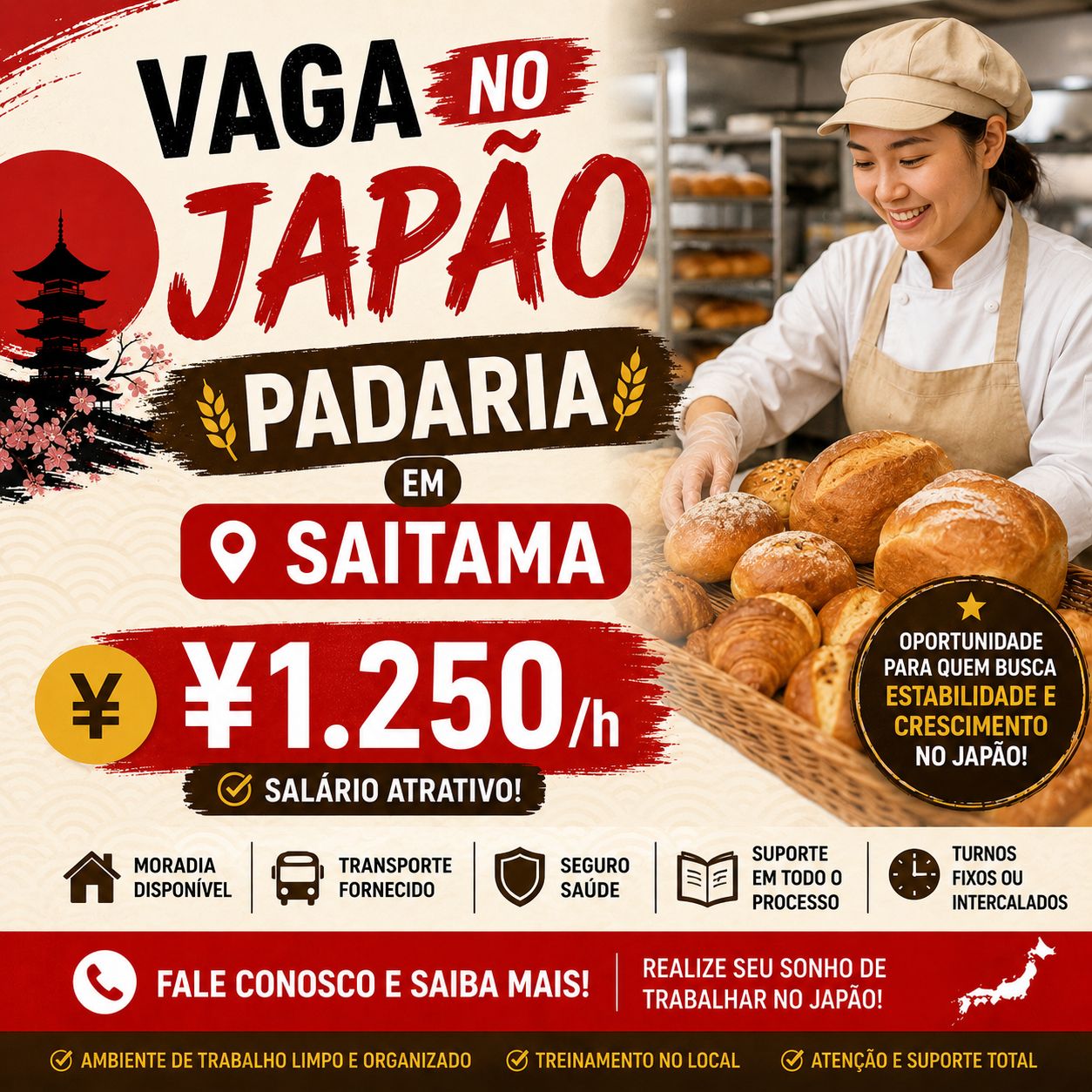 Vaga no Japão – Padaria em Saitama (Ranzan-machi) ¥1.200/h