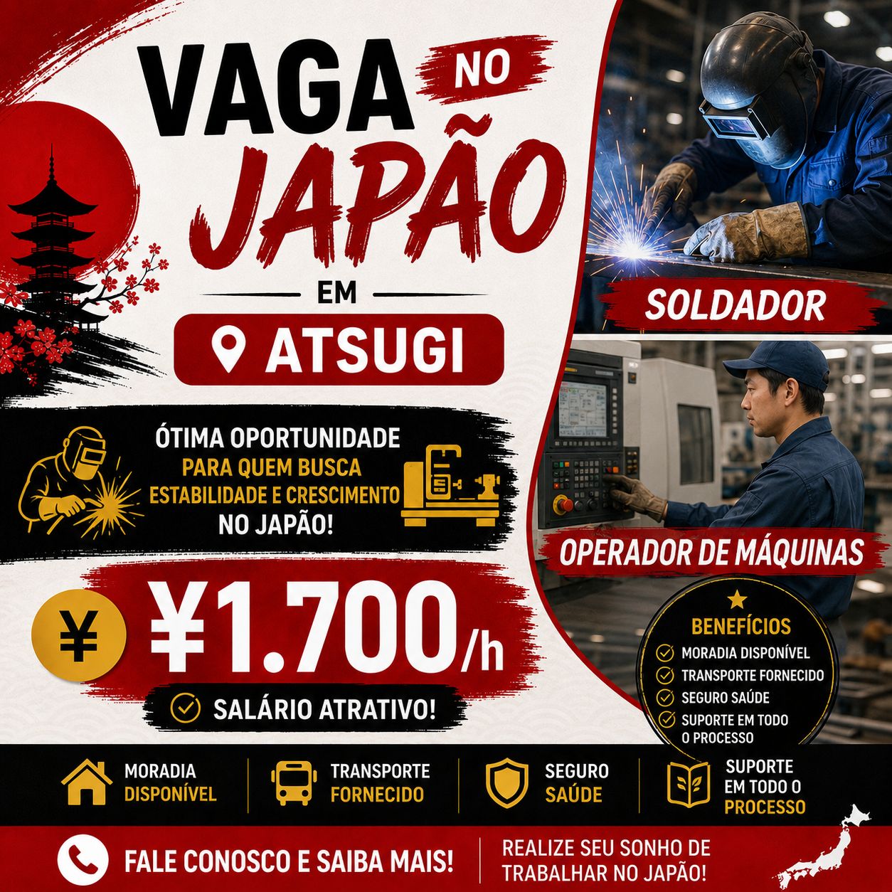 Vaga no Japão – Soldador e Operador de Máquinas em Atsugi ¥1.700/h